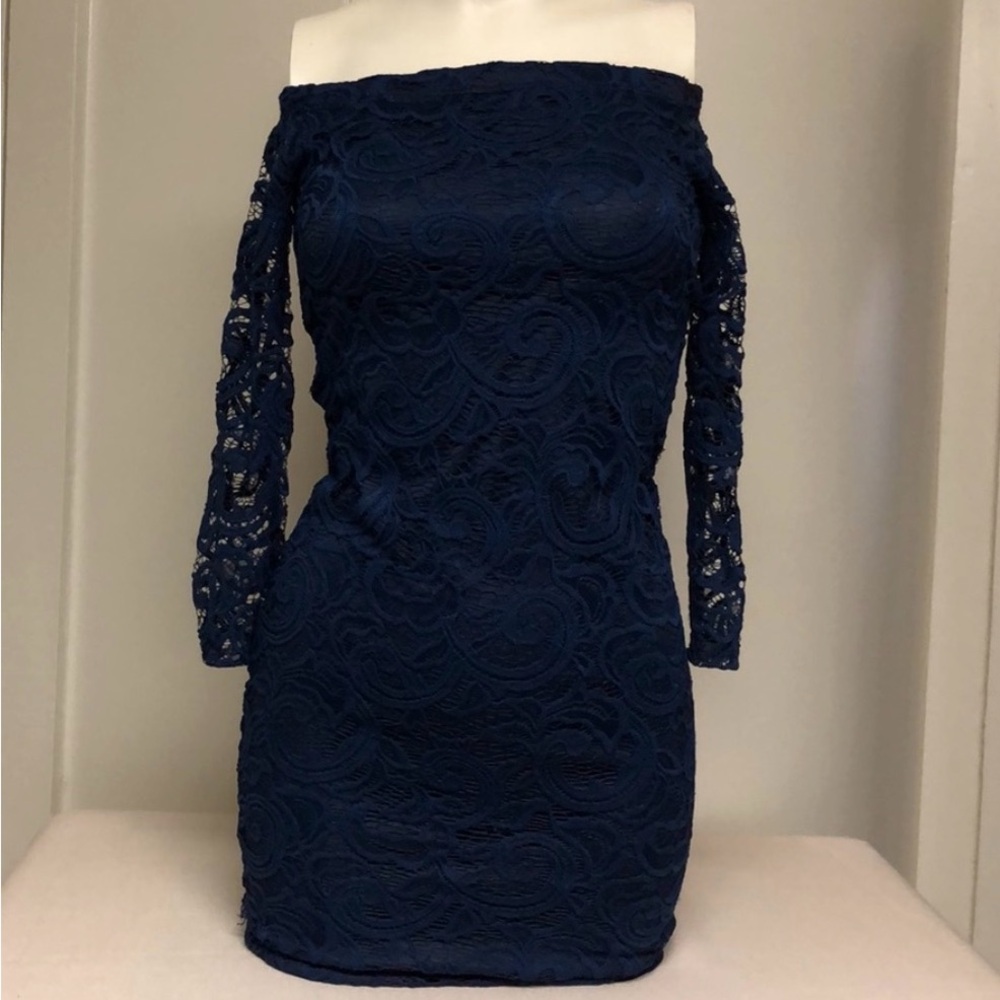 Vintage AMBIANCE Blue Lace Off-Shoulder Bodycon Dress Size S As Is